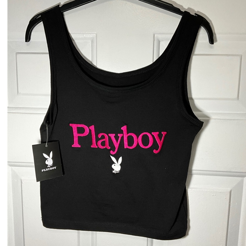 Playboy Womens Black Cropped Tank Top Pink Embroidered Logo Size Large NWT